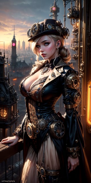 (masterpiece, best quality, extremely high resolution, aesthetic, 8K), a beautiful cute girl, (steampunk, steampunk city in background, steampunk clothing:1.5), 