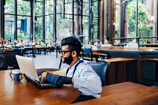 In the image, a man wearing glasses is sitting at a table using a laptop. He has a cup and a tablet on the table. The background features a large window. Realistic 4K 