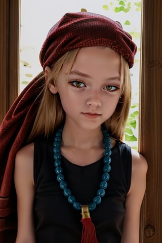 masterpiece, best quality, highres, kaa, yellow eyes, black dress, bead necklace, sleeveless, bracelet, bandana, , ,perfect eyes , looking_at_viewer