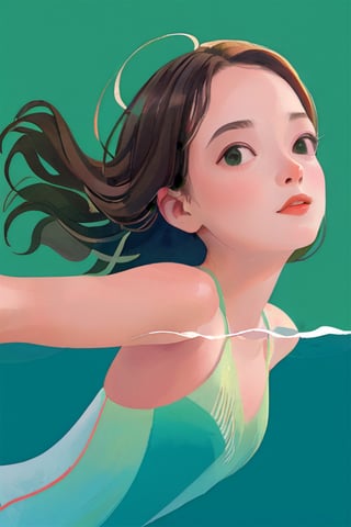 fashion illustration, flat, Olympic games, green background, gradual change, a girl is swimming, pretty face, swimming pose,  dynamic pose,  upper body,side view, look at the camera, Flat vector art, 