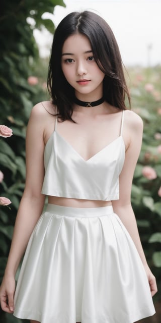 analog photo, a cute girl, 22 years old, black hair, pale skin,White soft satin skirt, choker,((using flowers cover left eyes)), vintage, faded film, film grain,  dark background,Illustration,beautiful deatailed shadow,dust,tyndall effect,lots of detail,hyperdetalization,Upper body