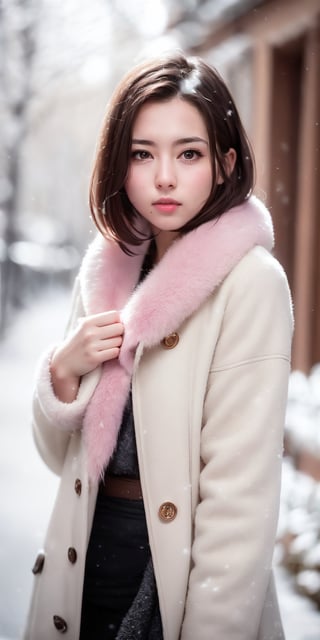 best quality,HDR,UHD,8K,Vivid Colors,solo,photo_,(1girl:1.3),(standing:1.3),(looking at viewer:1.4),Elegant,detailed gorgeous face,(upper body:1.2),bright,(snowing background:1.2),(pale skin:1.4),,Twinkle,pink coat,fur collar,bow