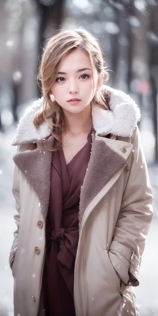 best quality,HDR,UHD,8K,Vivid Colors,solo,photo_,(1girl:1.3),(standing:1.3),(looking at viewer:1.4),Elegant,detailed gorgeous face,(upper body:1.2),bright,(snowing background:1.2),(pale skin:1.4),,Twinkle,pink coat,fur collar,bow