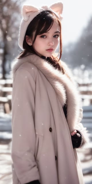 best quality,HDR,UHD,8K,Vivid Colors,solo,photo_,(1girl:1.3),(standing:1.3),(looking at viewer:1.4),Elegant,detailed gorgeous face,(upper body:1.2),bright,(snowing background:1.2),(pale skin:1.4),,Twinkle,pink coat,fur collar,bow