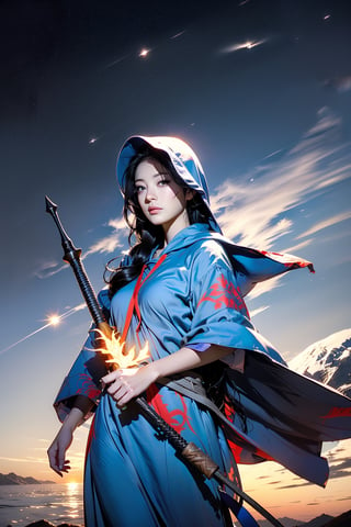 tempestmagic ,fantasy,wind storm, excessive energy , floating, enchanted robe , holding staff, mage staff , hood up, glowing hair, 1girl,glowing eyes, long hair,bj_elegant