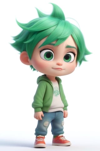 4d photographic image of full body image of a cute little chibi boy, surreal, green hair, vivid colours octane render trending on artstation, artistic photography, photorealistic concept art, soft natural volumetric cinematic perfect light, UHD white background, Dream House, Disney style, Disney Pixar style,score_9, modern Disney