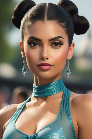 A close-up shot of an Eastern European sportswoman wearing sheer lycra attire, her dark locks tied into a sleek bun. A cascade of long earrings adorns her neck as she gazes directly at the camera, exuding confidence and poise. The framing highlights her toned physique, with a shallow depth-of-field emphasizing the sparkling jewelry.,SDXL,1girl silver hair blue dress,Beauty,Cartoon