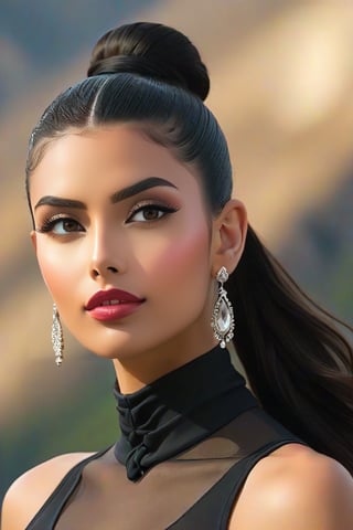 A close-up shot of an Eastern European sportswoman wearing sheer lycra attire, her dark locks tied into a sleek bun. A cascade of long earrings adorns her neck as she gazes directly at the camera, exuding confidence and poise. The framing highlights her toned physique, with a shallow depth-of-field emphasizing the sparkling jewelry.,SDXL