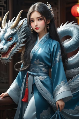 (masterpiece, top quality, best quality,aesthetics:1.2),ultra-detailed,1 girl,long hair,hanfu,chinese dragon,chinese girl
,oil paint,Beauty,1girl silver hair blue dress