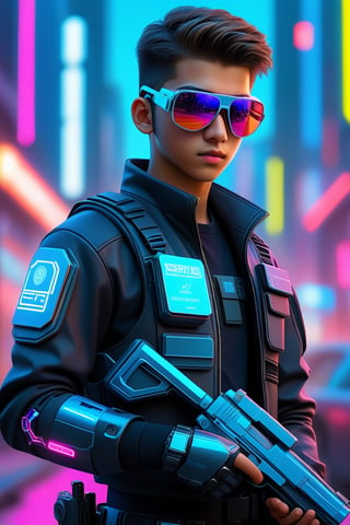 score_9,score_8_up,score_7_up,realistic photo,photorealistic,hyperrealistic,intricate details,1boy,25 years old,policeman,cyber sunglasses,dressed in cyber armor with a holographic outline,an intricate device in his hand,a laser pistol on his belt,cityscape,neon lights,cyberpunk,2077_Style,LoRA