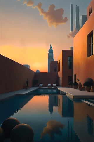 "Create a minimalist image emphasizing the vastness of Paul Chadeisson's designs and the style of René Magritte.", "The scene is set at sunset, with warm, golden hues casting a gentle glow over the architecture, enhancing the tranquil and refined atmosphere. Depict a vast, expansive space scene with breathtaking scale against a grand, immersive outer space background. Feature a massive structure that features simplified forms and geometric shapes, emphasizing clean lines and smooth surfaces. A restrained color palette with neutral tones and minimal accents creates a cohesive and sophisticated look. Unnecessary embellishments are removed, focusing on functionality and clarity. Increased negative space provides a sense of airiness and lightness. High-quality, natural materials with simple finishes add elegance. Proportion and balance ensure harmony, while subtle textures and details add depth without overwhelming the design's simplicity."