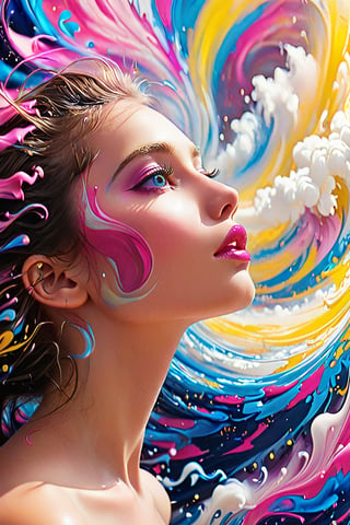 In a surreal dreamscape, a girl's side profile emerges from swirling vortex of colors: electric blue, hot pink, sunshine yellow, and creamy white. Her features - eyes, nose, lips - stand out amidst the fluid, abstract patterns that seem to melt into her skin. The vibrant hues dance around her face like wispy clouds, imbuing the scene with an otherworldly essence.,Cartoon,cartoon,SDXL