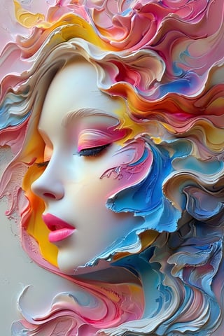 A side profile of a human face, intricately intertwined with flowing, abstract patterns in vibrant hues of blue, pink, yellow, and white. The face appears to be melting or morphing into the surrounding colors, creating an ethereal and dreamlike effect. The details of the face, such as the eyes, nose, and lips, are clearly visible, contrasting with the fluidity of the surrounding elements.,SDXL,SDXLTurbo,1girl