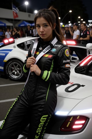 photo, Sportscar, woman, racing flag, harsh camera flash,1gril