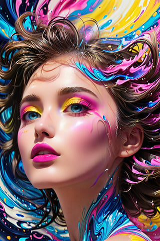 In a surreal dreamscape, a girl's side profile emerges from swirling vortex of colors: electric blue, hot pink, sunshine yellow, and creamy white. Her features - eyes, nose, lips - stand out amidst the fluid, abstract patterns that seem to melt into her skin. The vibrant hues dance around her face like wispy clouds, imbuing the scene with an otherworldly essence.,Cartoon,cartoon,SDXL