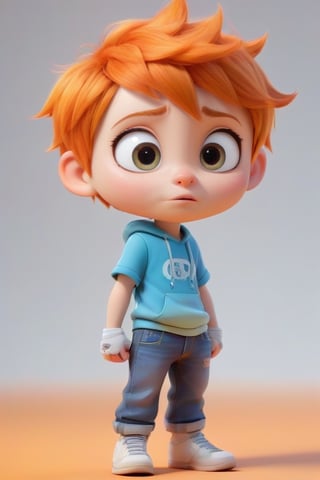 4d photographic image of full body image of a cute little chibi boy surreal, orange hair, vivid colours octane render trending on artstation, artistic photography, photorealistic concept art, soft natural volumetric cinematic perfect light, UHD white background, Dream House, Disney style, Disney Pixar style,score_9,modern Disney