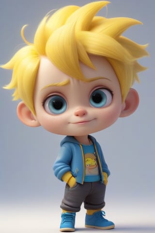 4d photographic image of full body image of a cute little chibi boy surreal, yellow hair, vivid colours octane render trending on artstation, artistic photography, photorealistic concept art, soft natural volumetric cinematic perfect light, UHD white background, Dream House, Disney style, Disney Pixar style,score_9,modern Disney