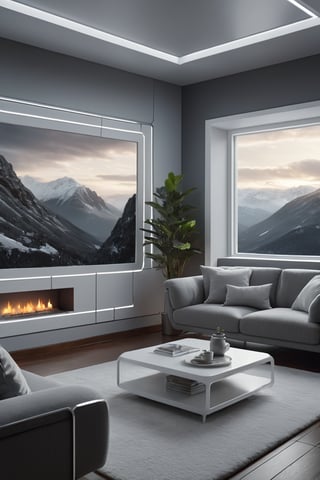 From a futuristic vantage point, the white frames a stunning grey wireframe of a cozy living room, bathed in soft ambiance. Fuzzy background dissolves into atmosphere, creating an immersive 32K UHD (Ultra High Definition) 3D masterpiece. Highly detailed and textured, this scene transports the viewer to a modern sanctuary.