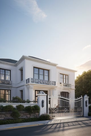 RAW photo, masterpiece, arafed house with a car parked in front of it, neo - classical style, rendered in lumion pro, classicism style, classicism artstyle, lumion render, rendered in lumion, architectural visualization, neoclassical style, in style of classicism, white light sun, rendered in vray, rendered in v-ray, rendered in unreal engine 3d, (photorealistic:1.2), best quality, ultra high res, exterior, architechture,modern house,(white wall:1.5), (detail gate black:1.4), (photorealistic:1.5), best quality, ultra high res, exterior,architechture,neoclassic house,(white wall:1.2), (detailed reliefs:1.2), (The front 1st floor has 4 windows), (the right side 1st floor has 4 windows), (the main side has three-step stairs), (the right side has three-step stairs) ,glass windows,,trees,traffic road, blue sky,in the style of realistic hyper-detailed rendering, luxury neoclassical villa, in the style of neoclassical scene, glass windows, (white navy roof:1.2), best quality, (straight strokedetail:1.1) roof top, (Intricate lines:1.5), ((Photorealism:1.5)),(((hyper detail:1.5))), archdaily, award winning design, (dynamic light:1.3), (night light:1.2), (perfect light:1.3), (shimering light :1.4), refection glass windows, (curved line architecture arch:1.2), trees, beautiful sky, photorealistic, FKAA, TXAA, RTX, SSAO, Post Processing, Post-Production, CGI, VFX, SFX, Full color,((Unreal Engine 5)), Canon EOS R5 Camera + Lens RF 45MP full-frame CMOS sensor, HDR, Realistic,8k,((Unreal Engine 5)), Cinematic intricate detail, extreme detail, science, hyper-detail, FKAA, super detail, super realistic, crazy detail, intricate detail, nice color grading, reflected light on glass, eye-catching wall lights, unreal engine 5, octane render, cinematic, trending on artstation, High-fidelity, Viwvid, Crisp, Sharp, Bright, Stunning, ((Lifelike)), Natural, ((Eye-catching)), Illuminating, Flawless, High-quality,Sharp edge rendering, medium soft lighting, photographic render, detailed archviz