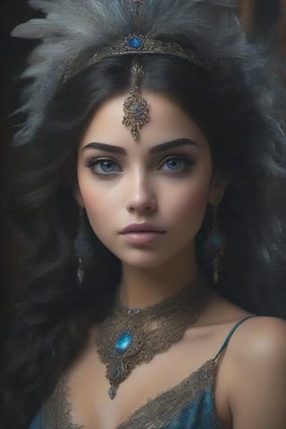 (best quality,8K,highres,masterpiece), ultra-detailed, (realistic portrait) of a girl, solo, showcasing long, flowing black hair and captivating blue eyes that hold the viewer's gaze. This portrait emphasizes her striking features enhanced by meticulous makeup, including vivid lipstick that accentuates her lips. She wears exquisite jewelry, a necklace that complements her attire, and is adorned with a unique headdress featuring feathers, adding a majestic and ethereal quality to her appearance. The inclusion of a mask and face paint draws inspiration from Native American traditions, enriching the portrait with cultural depth and significance. The overall composition is a celebration of beauty, tradition, and the artistry of makeup and adornment, rendered with lifelike precision and attention to detail,realistic portrait,LoRA,SDXL