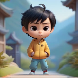 4d photographic image of full body image of a cute little chibi boy, surreal, black hair, vivid colours octane render trending on artstation, artistic photography, photorealistic concept art, soft natural volumetric cinematic perfect light, UHD white background, Dream House, Disney style, Disney Pixar style,score_9, modern Disney, Chinese Tai Chi diagram, gold clothes