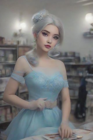 bonita make-up,1gril,SDXL,1girl silver hair blue dress