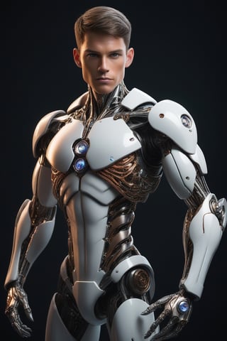 A stunning cyborg stands confidently against a sleek, black background, surrounded by subtle, gradient lighting that accentuates his intricate, mechanical features. His porcelain-like skin glistens with a fine sheen of oil, highlighting the precision engineering of his synthetic limbs. A masterpiece of high-quality artistry, this studio photo captures the intersection of beauty and power in a cyborg of unparalleled sophistication.,Cartoon,LoRA,Disneystyle