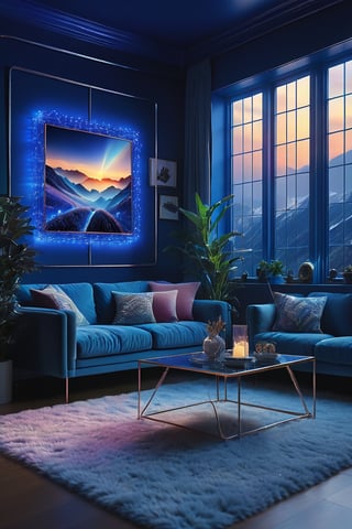 Dream Holographic1,POV,a BLUE wire frame of living room,fuzzy background,highly detailed,ultra-high resolutions,32K UHD,best quality,masterpiece,SDXL