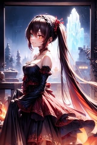 (masterpiece), best quality, high resolution, highly detailed, detailed background, perfect lighting,wrenchfaeflare, glowing,embroidery, accessories, necklace, earrings, reflection, evil grin, hutao_genshin, 1girl, solo, red eyes, symbol-shaped pupils, brown hair, long hair, sidelocks, hair between eyes, twintails, medium breasts,flower, hat, hat ornament, ,KurumiBase,heterochromia, twintails, hairband, multicolour dress,black dress with red strips, frills, detached sleeves, frilled choker, jewelry, refraction,,refl, reflection, refraction,pattern,add_some_random_mumbo_jumbo_shit_like_molten_lava_frozen_ice_idk,night sky, full-body, potrait ,full_body,side view, shoulder 