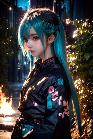 a Japanese ninja girl, long cyan fire hair, high quality, high resolution, high precision, realism, color correction, proper lighting settings, harmonious composition,yiyao