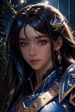 (yiyao), The moonlight shines down upon it, bringing with it swirling magical lights, the forbidden tree, blue moon, dynamic lighting, Armor, head ornaments, fantasy concept art,upper body, detailed face, detailed eyes, sharp pupils, (detailed background)