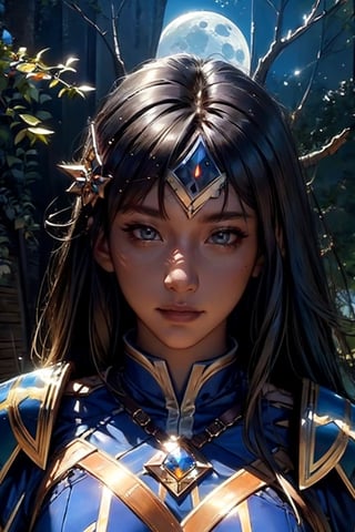 (yiyao), The moonlight shines down upon it, bringing with it swirling magical lights, the forbidden tree, blue moon, dynamic lighting, Armor, head ornaments, fantasy concept art,upper body, detailed face, detailed eyes, sharp pupils, (detailed background)