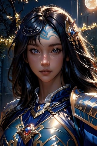 (yiyao), The moonlight shines down upon it, bringing with it swirling magical lights, the forbidden tree, blue moon, dynamic lighting, Armor, head ornaments, fantasy concept art,upper body, detailed face, detailed eyes, sharp pupils, (detailed background)