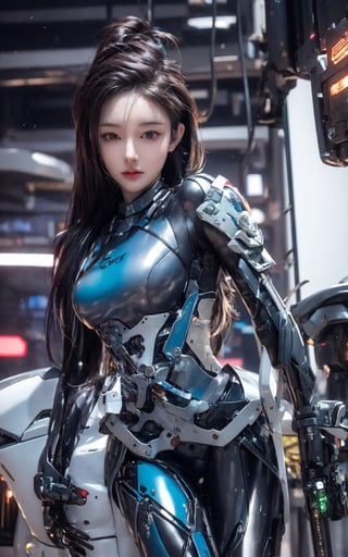 Best picture quality, high resolution, 8k, realistic, sharp focus, realistic image of elegant lady, beauty, supermodel, long hair, beautiful eyes, wearing high-tech cyberpunk style blue suit, radiant Glow, sparkling suit, mecha, perfectly customized high-tech suit, ocean theme, custom design,swordup, looking at viewer,, ,,,Cyberpunk,,,, ,holding sword, (myanxin_SD)