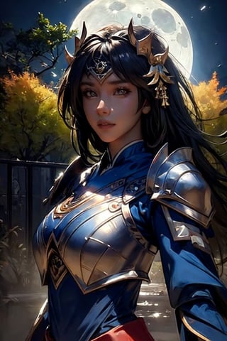 (yiyao), The moonlight shines down upon it, bringing with it swirling magical lights, the forbidden tree, blue moon, dynamic lighting, Armor, head ornaments, fantasy concept art,upper body, detailed face, detailed eyes, sharp pupils, (detailed background)