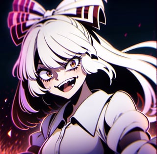 ,portrait,edgGesugao high quality,masterpiece(medium long shot),1 one girl fujiwara no mokou from touhou(eyes purple, demonic smile,dark white hair,red horns,black dress, holding a knife with lelf  hand,
,fujiwara no mokou