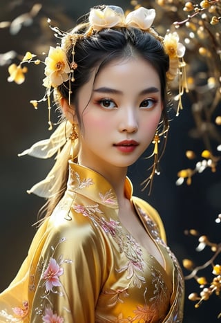 A beautiful female fairy with smooth and delicate skin, wearing a golden traditional Chinese flowing fairy costume, similar to Alessandro Magnasco