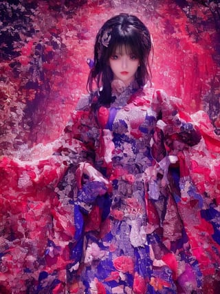 Film style, film grain, a young Japanese female humanoid robot wearing a black turban and a masked mouth, wearing a red Japanese samurai costume and waving two Japanese swords, stands under a willow forest,masterpiece,best quality,ultra detailed,ultra detailed face,casting shadow style,cucoloris patterned illumination,FilmGirl,film grain,lightshapes,cleavage,full body,medium shot,dark skin,Masterpiece,spooky theme,realistic photo,robotic arms