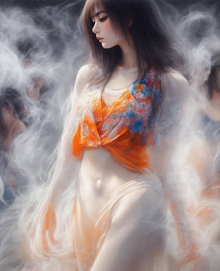 by Junji Ito, A portrait of a beautiful young Thai woman painted with the delicate technique of Chinese alcohol ink. She is wearing a cool summer floral undershirt, with long flowing hair, and a small skirt with a bright orange color that shows off her legs. This is a full-body close-up, emphasizing her beautiful figure and the white porcelain texture of her skin. She stands quietly in the crowd, surrounded by a mysterious smoke. The painting is dominated by vivid colors, realistic techniques, and cinematic lighting effects. The ink-play technique emphasizes the dynamism and tension of the painting, creating a lively yet mysterious and violent atmosphere., alcochse