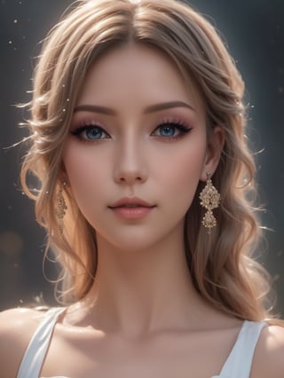 A stunning anime-style image of a solo, very beautiful girl with a himecut hairstyle, long blonde wavy hair, and bangs. She is dressed as a princess in a cute outfit, adorned with ornaments and jewelry, including earrings. Her blue eyes look directly at the viewer, with blush on her cheeks and parted lips. The image is of excellent quality, featuring light particles and water drops, with her eyelashes emphasized. The background is blurry, enhancing the masterpiece effect. FuturEvoLabAnime