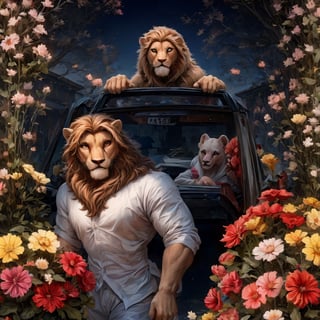 Beautiful pictures, gerbera flowers, freesia flowers, hibiscus flowers and a car filled with flowers,
Brake
Albino lion standing in car, Lion