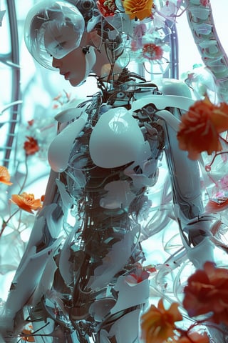 1girl,solo,Transparent glass female cyborg, fractal pattern Flowers, Skeleton and organs made of vibrant flowers. Mechanical joints visible. Heart of roses, lungs of hydrangeas, brain of orchids. Flowers spilling from slight cracks. Soft backlighting emphasizing transparency. Elegant pose. Simple futuristic background. Photorealistic style with high detail on glass and floral elements,Clear Glass Skin