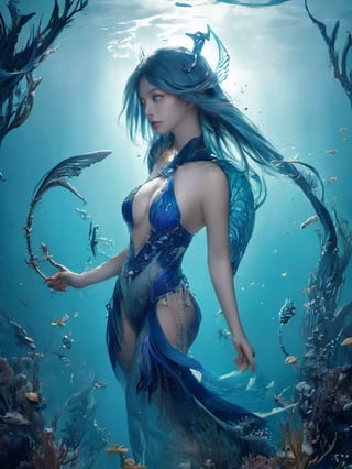 epic composition, cinematic lighting, masterpiece, a sea goddess, water trident, aqua blue hair, commanding pose, frontal shot, underwater kingdom background, full body portrait, dim volumetric lighting, 8k octane beautifully detailed render, intricate, stunning Detailed matte painting, deep color, fantastical, intricate detail, complementary colors, fantasy concept, colorful, color art, color chaos, majestic