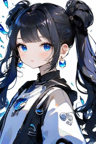 1girl, solo, long hair, twintail hairstyle, looking at viewer, blush, bangs, black hair ornament, jewelry, blue eyes, wavy hair, earrings, cute outfit, parted lips, blurry, eyelashes, ((masterpiece: 2)), excellent quality, light particles, water drop, ((stunning_image: 1.5)), Anime art style.