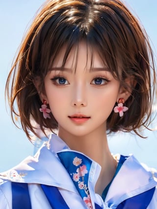 1girl, solo, looking at viewer, blush, short hair, bangs, blue eyes, simple background, shirt, hair ornament, white background, jewelry, closed mouth, school uniform, upper body, braid, flower, white hair, earrings, serafuku, hair flower, sailor collar, necklace, star \(symbol\), neckerchief, blue neckerchief