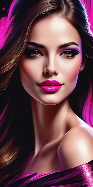 (Masterpiece, Best Quality, Ultra Detail, 8K), High Resolution, High Detail, Realistic Detail, High Resolution, Sharp Focus, A high definition advertising poster of a woman in a vivid black evening gown, making eye contact, flowing brown hair, pink lip gloss, a friendly smile, high definition paper, conceptual art, stunning painting