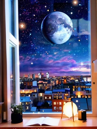 sky, cloud, no humans, window, night, moon, building, star \(sky\), scenery, starry sky, city, cityscape, space, planet, city lights