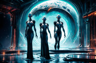  (realism: 1.2), ((volumetric lighting, bewitching light, cinematic lighting, lighting, front light: 0.5)), ((full-length, fully visible body: 1.5)), Another planet. Alien landscape. Spaceship, night, (naked female alien, alien girl nude, large breasts, nipples, muscular abs, tall, full body visible), beautiful lighting, super technology, cinematic lighting, sci fi, naked muscular female aliens, nanoimplants, nanotechnology, spaceship, beautiful bodies, exoskeleton, nano