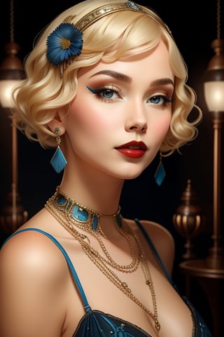 a woman, solo, short hair, blue eyes, blonde hair, lipstick, xcharleston style