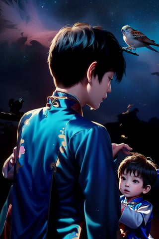 children's style, one Chinese girl (powder-colored Chinese clothing), a small boy (in blue Chinese clothing), looking at the sparrow above, black night starry background